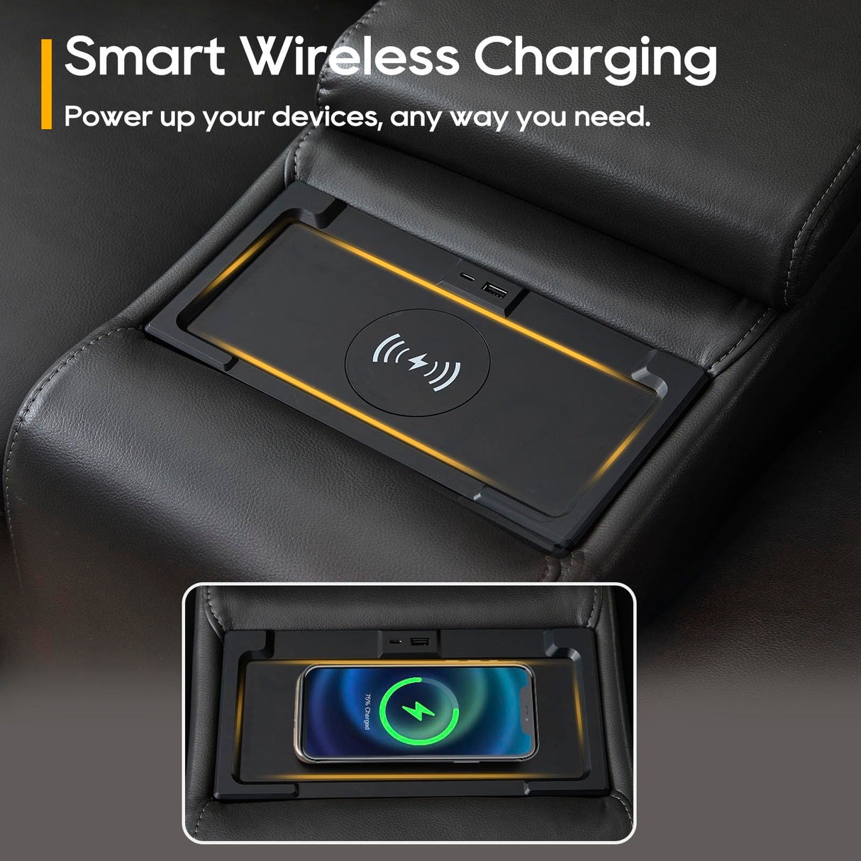 P.H.Furn Power Reclining Loveseat Sofa, Adjustable Headrest, Blue LED Lighting, Home Theater Seating with Storage, Cup Holders, USB, Wireless Charging, Living Room RV P.H.Furn