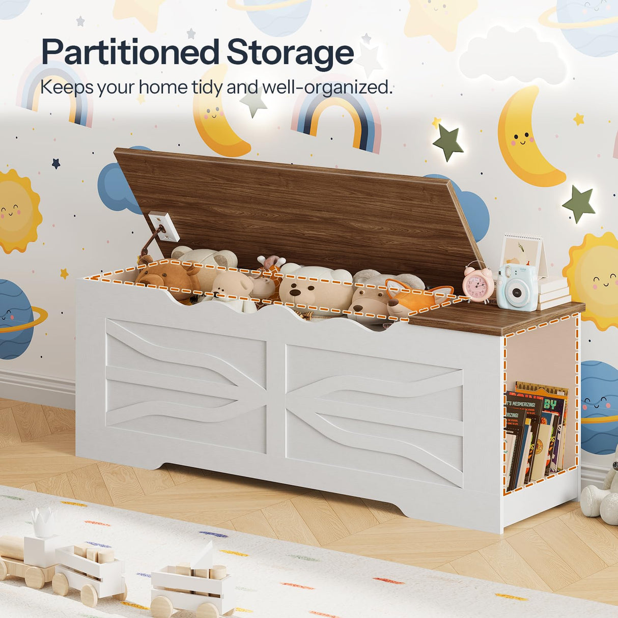 HOOBRO Farmhouse Storage Bench, Toy Box with Safety Hinges, Wooden Storage Chest with Side Storage Cubby, 47.2''L x 15.7''W x 19.5''H, for Entryway, Bedroom, Living Room, White and Walnut WH96CW01 HOOBRO