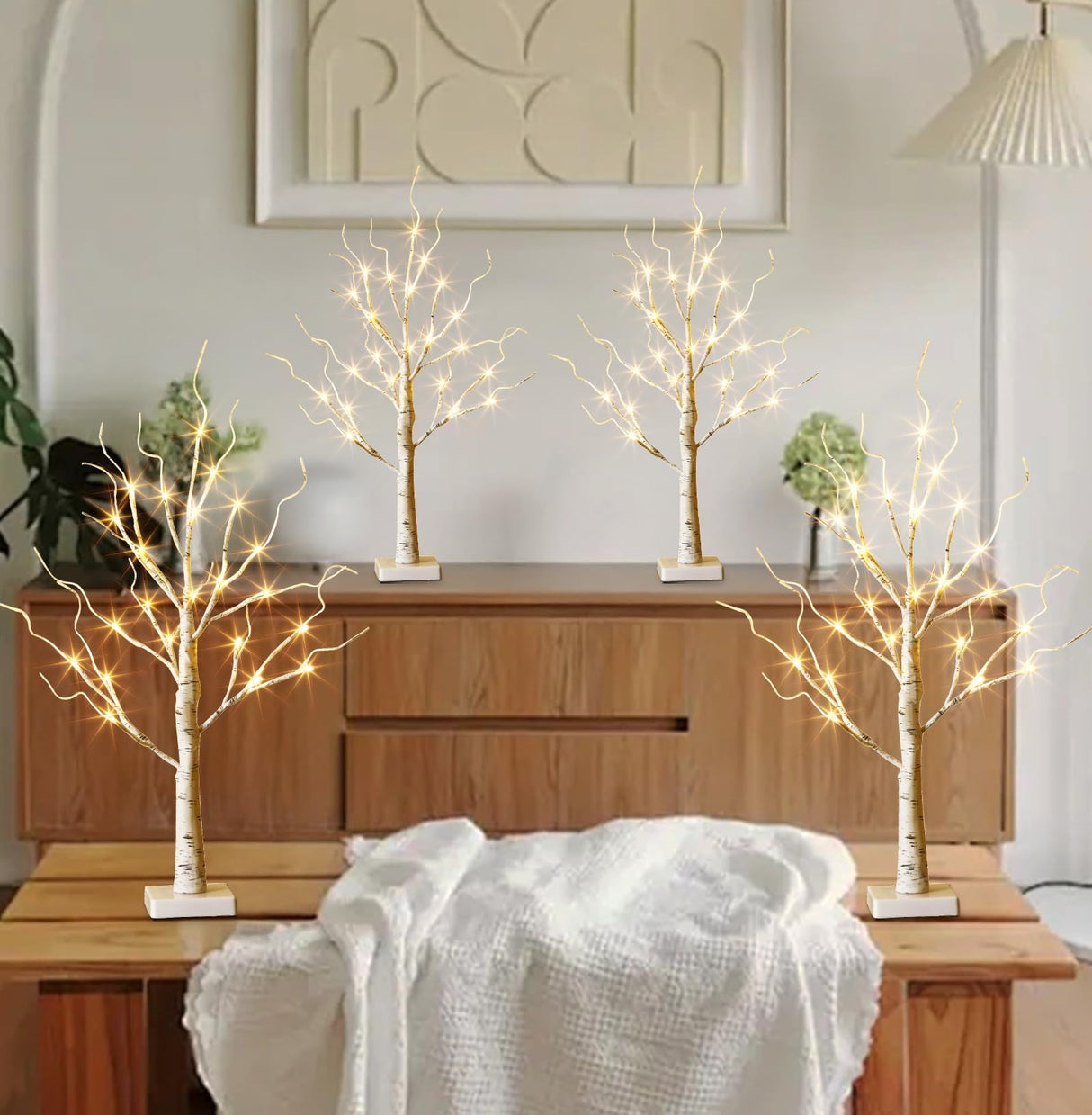 EAMBRITE Home Decorations Light Up White Birch Tree Indoor Christmas Decor, 4 Pack Battery Operated/USB Lighted Tabletop Money Tree Lamp Led Lights Easter Wedding Centerpiece Table Room (2 Ft) EAMBRITE