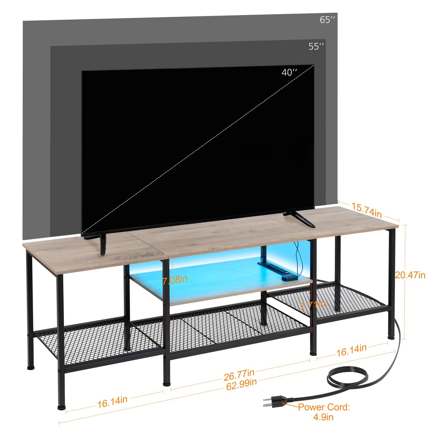 LOAKEKEL TV Stand for 55 65 inch TV, LED Entertainment Center with Charging Station, Long TV Table with Open Storage Shelf, TV Console for Living Room Bedroom, Greige, HTS061GY - WoodArtSupply