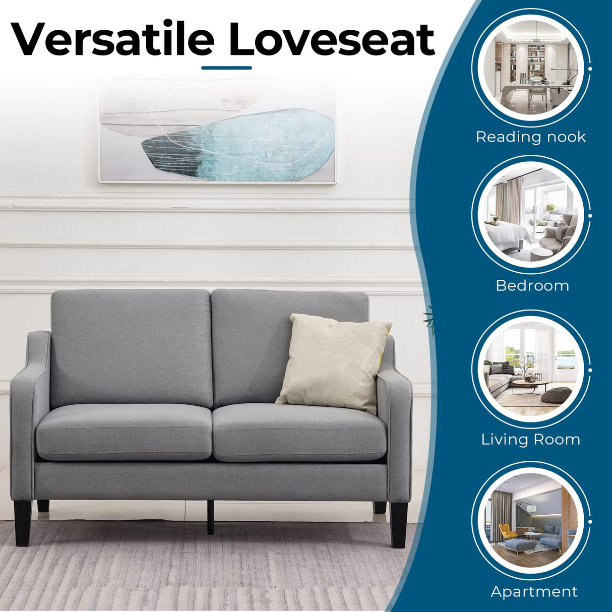 VINGLI Loveseat 53" Small Couch Loveseat Sofas for Living Room Mid Century Modern Sofa Couch Light Grey Love Seat Couches with Scooped Arms for Small Spaces, Bedroom, Apartment, Studio VINGLI