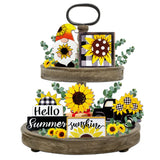 Guoofu Summer Tiered Tray Decor, Farmhouse Sunflower Tray Decorations, Hello Spring Summer Sunflower Gnome Sunshine Truck Wooden Signs, Buffalo Plaid Rustic Home Decor for Table Mantel Office Party Guoofu