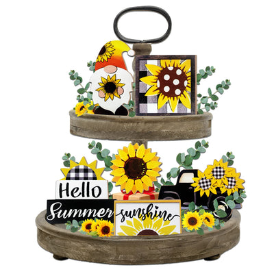 Guoofu Summer Tiered Tray Decor, Farmhouse Sunflower Tray Decorations, Hello Spring Summer Sunflower Gnome Sunshine Truck Wooden Signs, Buffalo Plaid Rustic Home Decor for Table Mantel Office Party