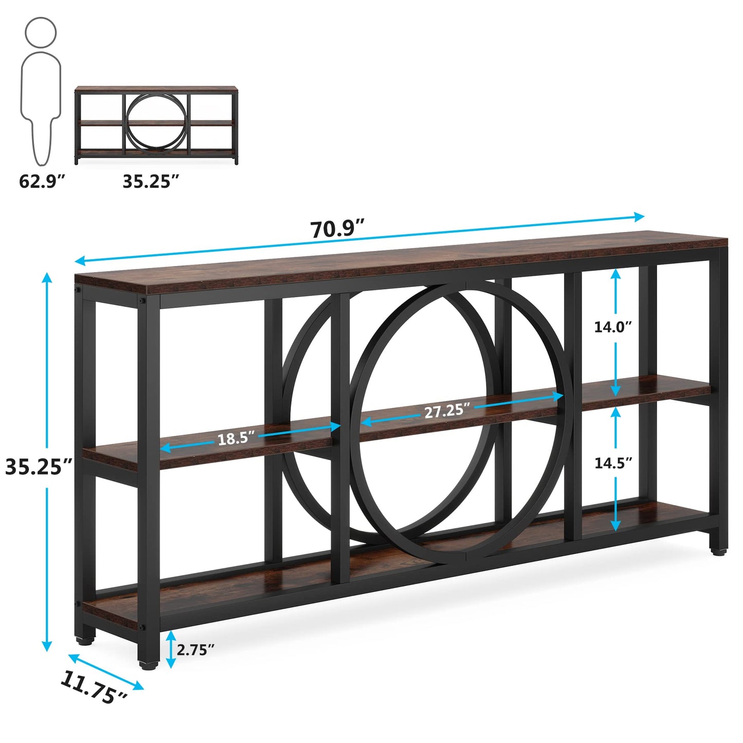 Tribesigns Extra Long Console Table, 70.9 inch Narrow Sofa Tables with 3 Tier Wood Storage Shelves Industrial Metal Frame for Entryway Hallway Living Room Behind Couch, Rustic Brown Black - WoodArtSupply