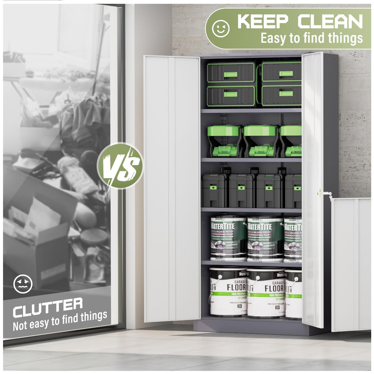 Crownland 72” Metal Storage Cabinet, Lockable Garage Storage Cabinets, High Office Storage Cabinet with Adjustable Shelves for Garage, Home Office, Classroom, Pantry, File(Grey White) Crownland