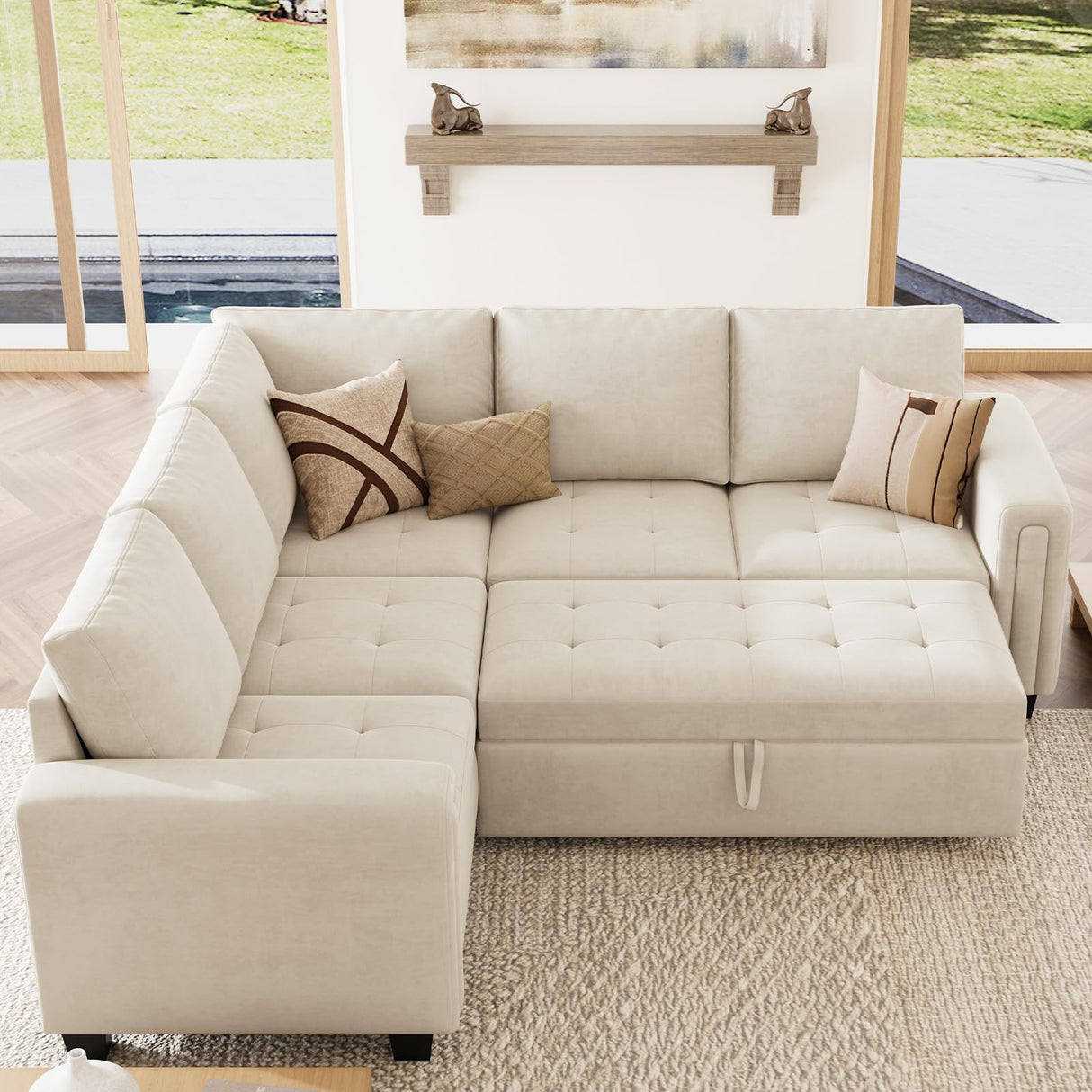 Belffin Modular Sectional Sleeper Sofa with Pull Out Couch Bed Velvet Convertible L Shaped Sectional Couch for Living Room Apartment Beige Belffin