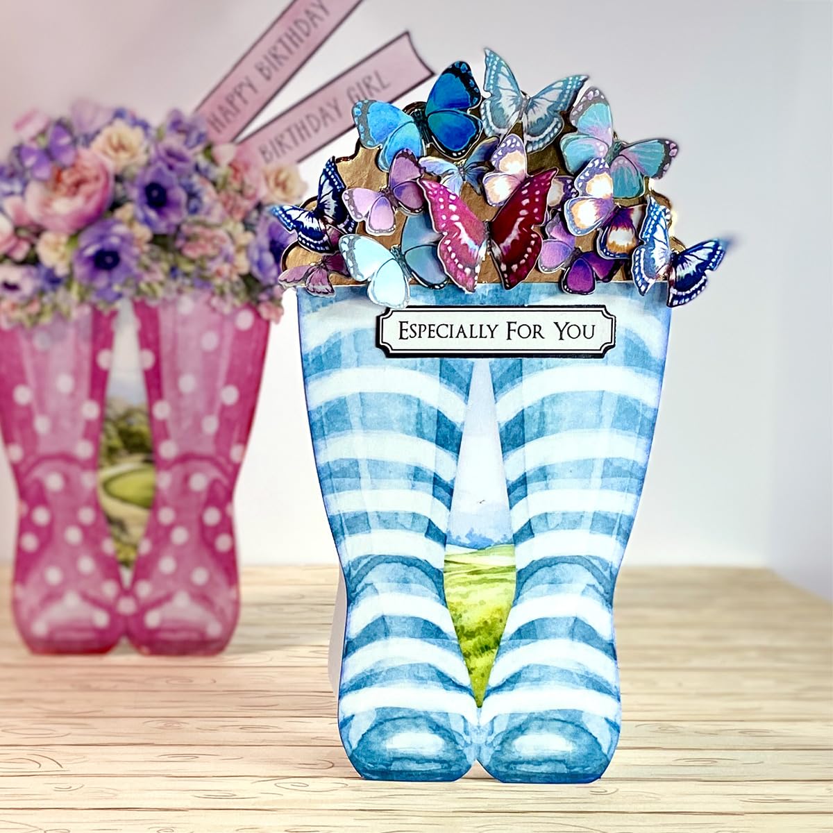 Katy Sue Wonderful Wellington Boots (Rubber Boots) Card Making Kit. 8 Shaped Cards, 2 Sheets of Die Cut Decoupage, 8 Envelopes, Adhesive Pads, & Instructions. for Card Making Supplies & Papercrafting Katy Sue