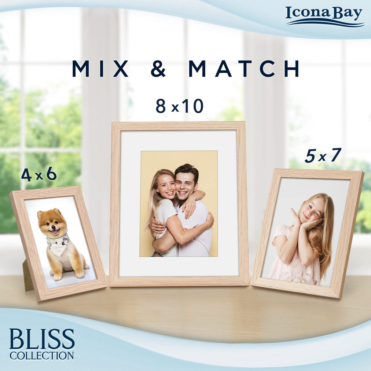 Icona Bay 8x10 Light Oak Picture Frame with Removable Mat for 5x7 Photo, Modern Style Wood Composite Frame, Table Top or Wall Mount, Bliss Collection Icona Bay