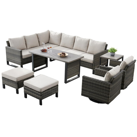 Belord Patio Sectional Furniture Set with Coffee Table: 8 Pieces Wicker Patio Conversation Set with L Shaped Sofa, Outdoor Swivel Glider Rocker, Rattan Ottomans, Removable Belord