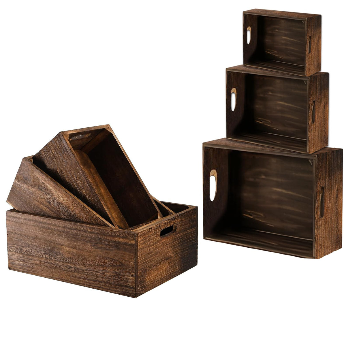 Hyuetrsa Set of 3 Wood Crate Box,Wood Nesting Storage Crates with Handle,Rustic Decorative Farmhouse Wooden Crates,Handmade Natural Solid Wood Box for Closet Shelf and Kitchen Storage Hyuetrsa
