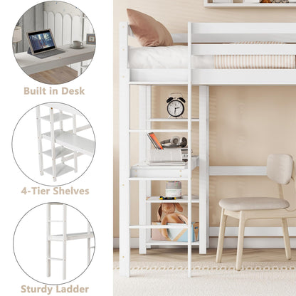 Bellemave White Full Size Loft Bed with Desk and Storage Shelves for Kids - WoodArtSupply