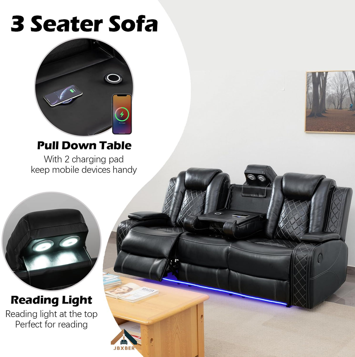 JBXBER Power Recliner Sofa Set with LED Lights, Power Reclining Sofa Set with Cup Holder, Storage Console, Faux Leather Couch for Home Theater Seating(Sofa, Loveseat and Chair,Black) JBXBER