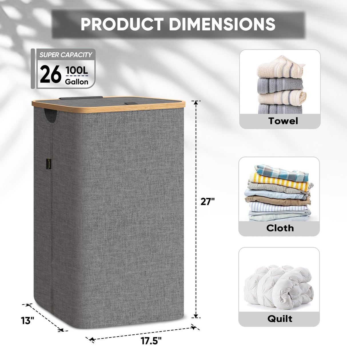 BALEINE Laundry Hamper with Lid, Tall Laundry Baskets with Bamboo Pull Handles, Large Laundry Bin with Internal Support (26 Gal/100L, Beige) BALEINE