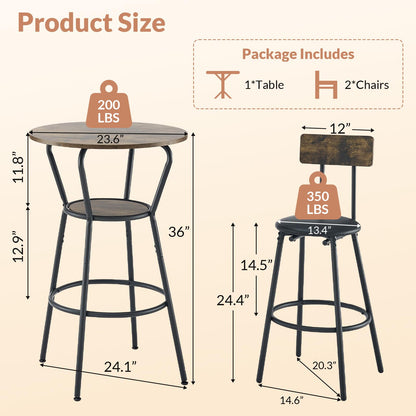 Zevemomo 3-Piece Round Bar Table and Chair Set, Small Dining Table for 2, Breakfast Table with 2 Upholstered Stools, Modern Kitchen Bar Table, for Kitchen, Dining Room & Bistro-Rustic Brown