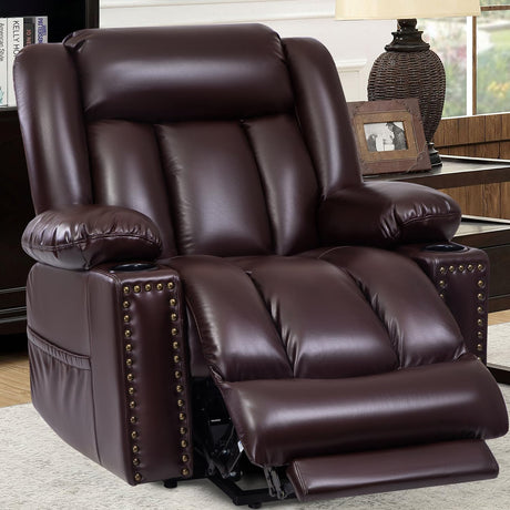 Large Power Lift Chairs Recliners for Elderly with Heated and Massage, Overstuffed Adjustable Lift Chairs, 3 Positions, Breathable Leather, USB-A and USB-C, Cup Holder, Side Pocket Dark Brown Cfvyne