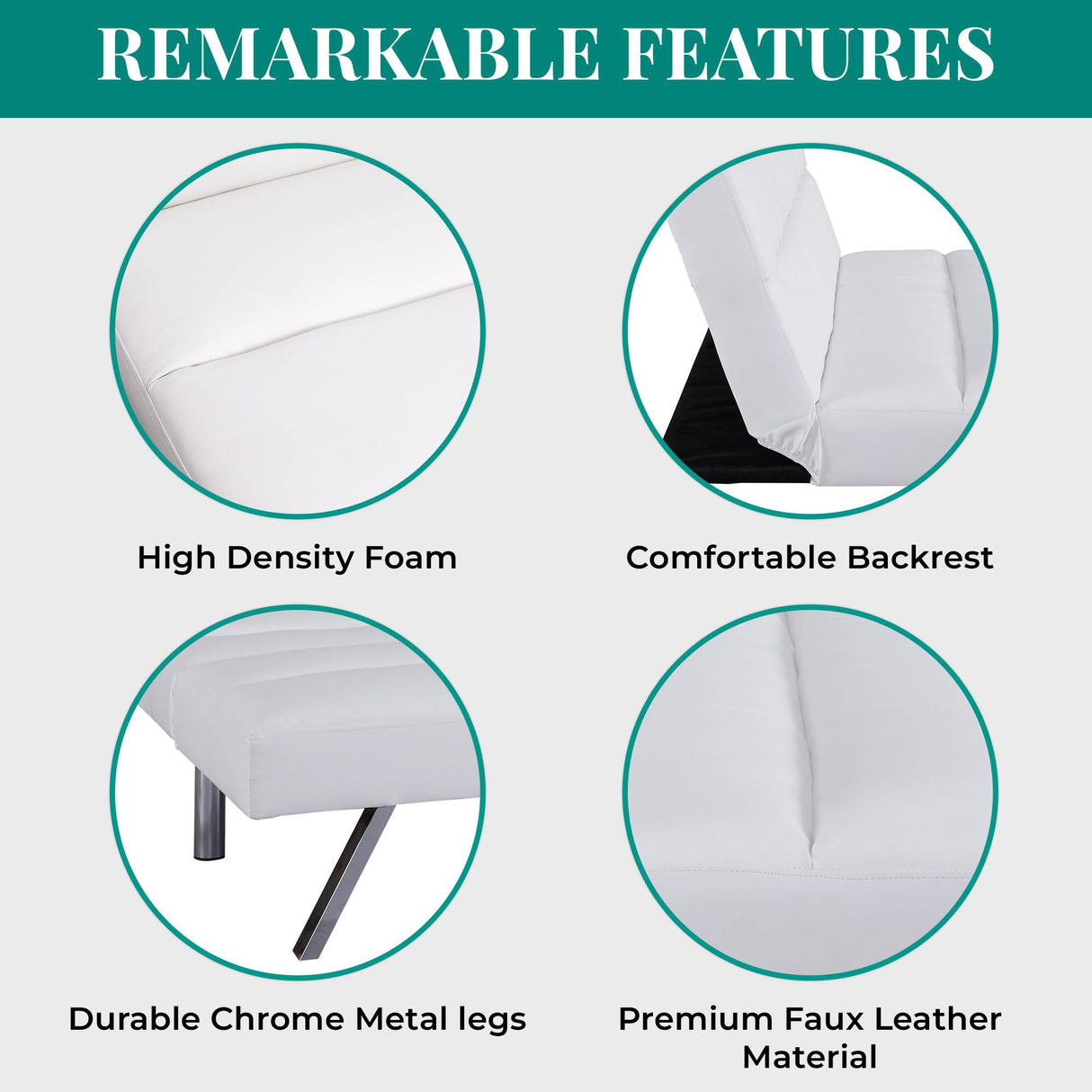 Naomi Home Faux Leather Futon Couch, Modern Convertible Folding Sofa Bed Couch Futon Sofa Bed with Chrome Legs, Reclining Mini Couch, Leather Futon Small Couch for Bedroom Living Room White Naomi Home