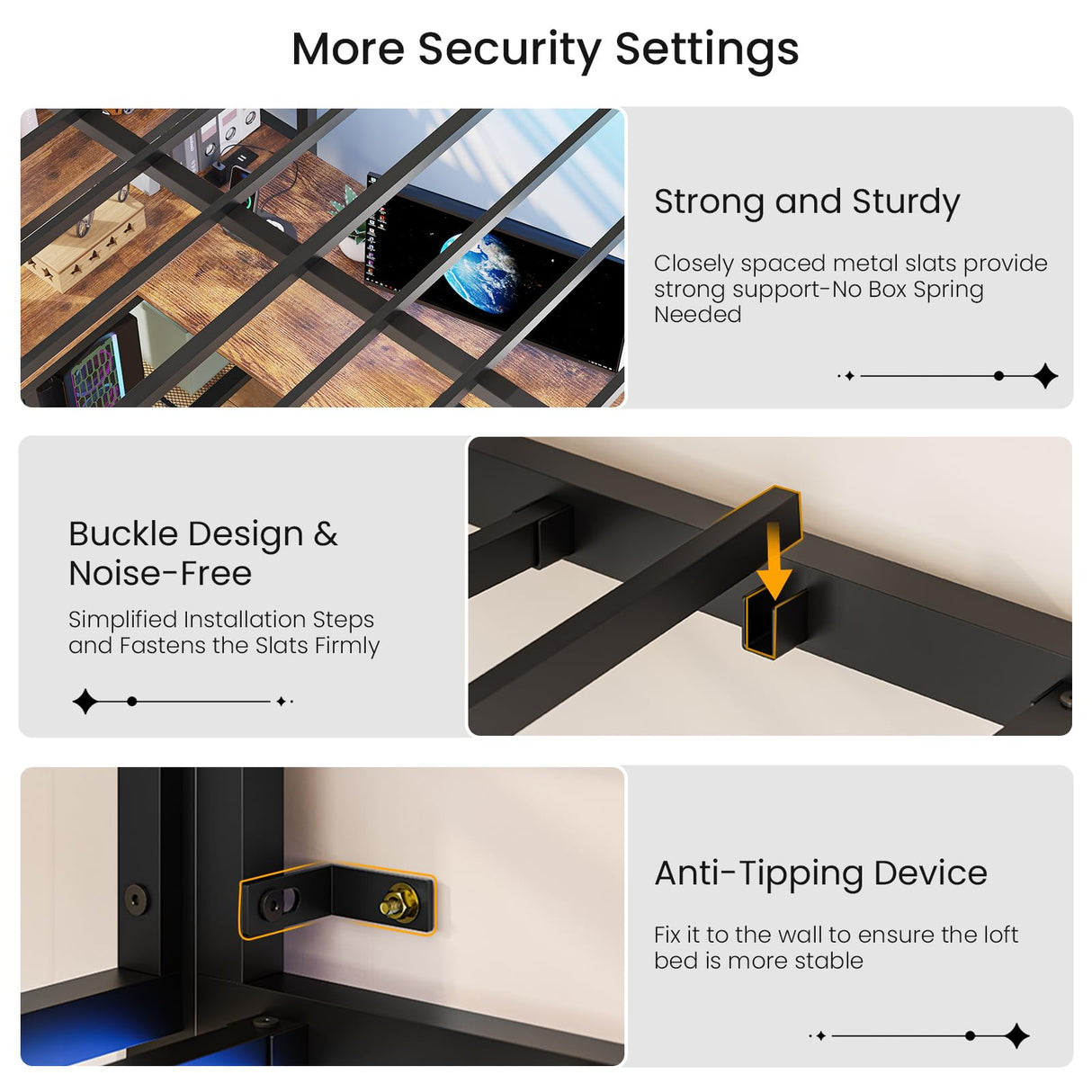 DICTAC Loft Bed Full Size with L-Shaped Desk and Charging Station Full Metal Bed Frame with LED Lights,Open Shelves and 3 Fabric Storage Drawers,Loft Beds with Top Bunk -Safety Guard & Stairs,Black DICTAC
