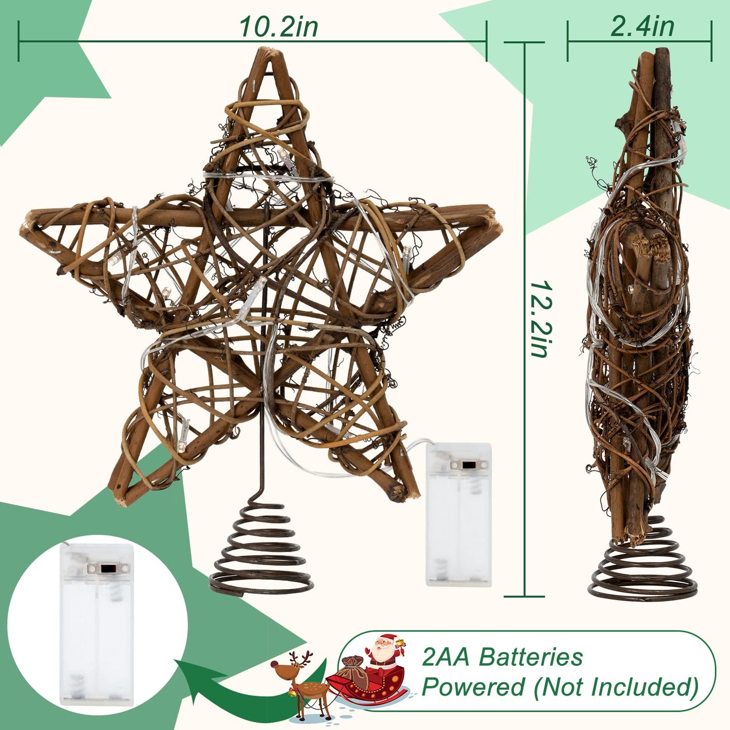 Christmas Tree Topper Star, Indoor Rattan Natural Star Treetop with 10 LED Light, Xmas Star Tree Topper Lighted for Christmas Tree Decorations