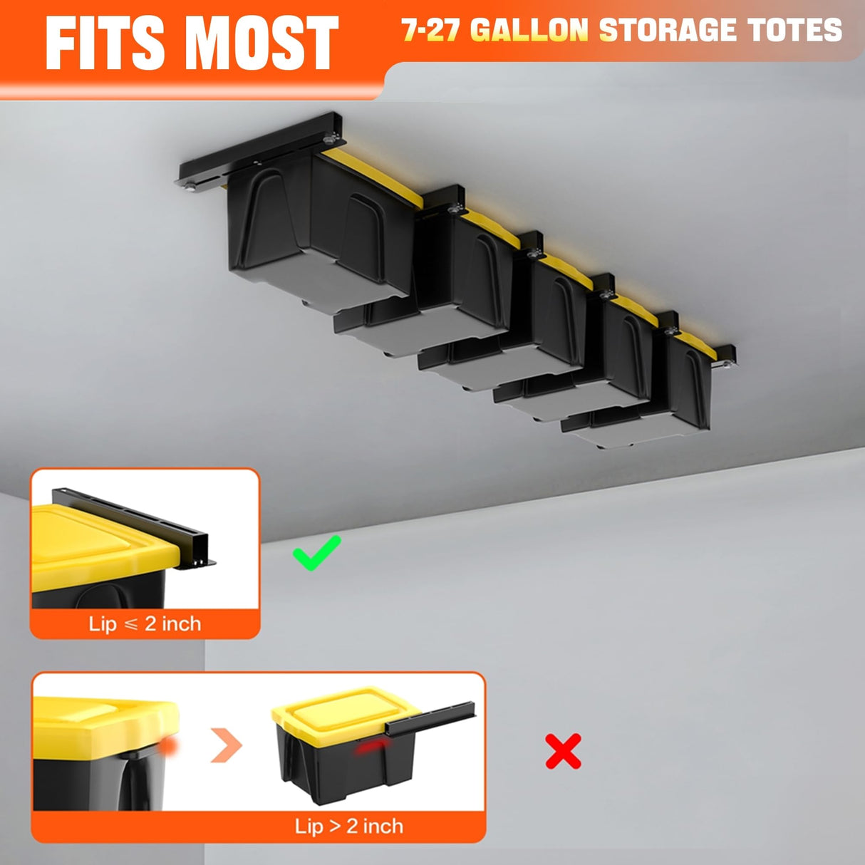 TORACK Garage Ceiling Bin Storage Rack, Adjustable Heavy Duty Overhead Tote Storage Rail System(for 5 Bins, Bins are not included) TORACK