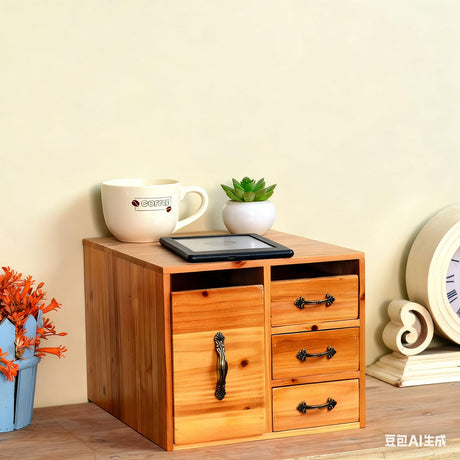 Juleduo Rustic Beauty Organizer 4 Drawers - Wooden Cosmetic Storage Box for Neat & Home Office Desk &Organize &Storing of Makeup Tools,Bathroom Counter-top(Wood Color, L) Juleduo