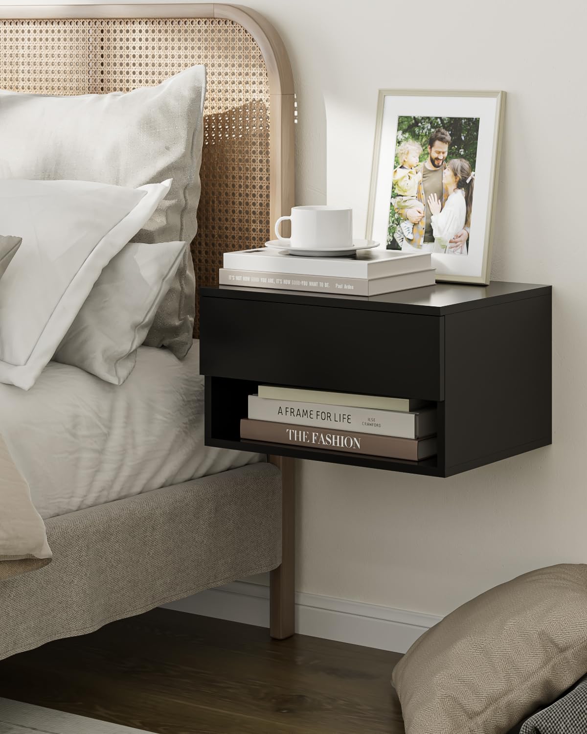Floating Nightstand, Small Modern Floating Nightstand with Drawer, Floating Shelves for Bedroom, Bathroom (Black) Aienvey