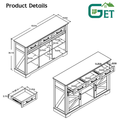 IFGET Farmhouse Buffet Cabinet, 53” Sideboard Cabinet w/3 Drawer, Rustic Storage Cabinet w/Sliding Barn Door, Coffee Bar Cabinet for Dinning Room, Kitchen, Hallway, and Living Room, Brown - WoodArtSupply