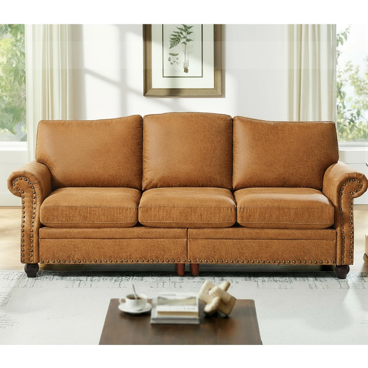 LegacyAmerhome 85'' Faux Leather Couch for Living Room, Mid Century Modern Leather Sofa with Rolled Arm, Classic 3 Seat Brown Couches with Nailheads Trim, Big Comfy Couch with Deep Seat for Apartment LegacyAmerhome