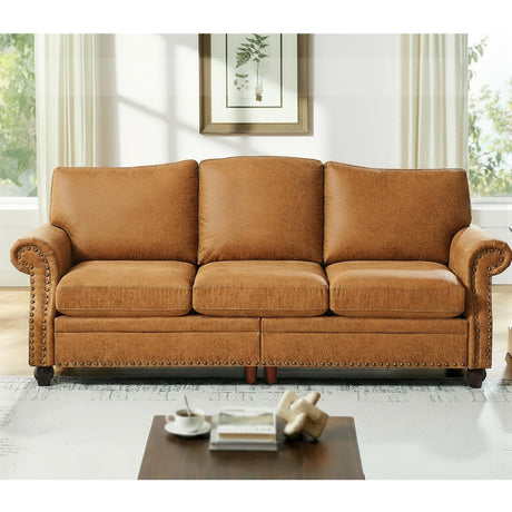 LegacyAmerhome 85'' Faux Leather Couch for Living Room, Mid Century Modern Leather Sofa with Rolled Arm, Classic 3 Seat Brown Couches with Nailheads Trim, Big Comfy Couch with Deep Seat for Apartment LegacyAmerhome