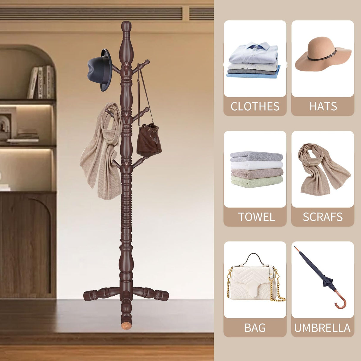 LOZABEE Wooden Coat Rack Stand, Vintage Wood Coat Rack Freestanding with Sturdy Triangle Base,Classic Coat Racks with 9 Hooks, Natural Birch Wood Entryway Coat Hall Tree Hanger Stand LOZABEE