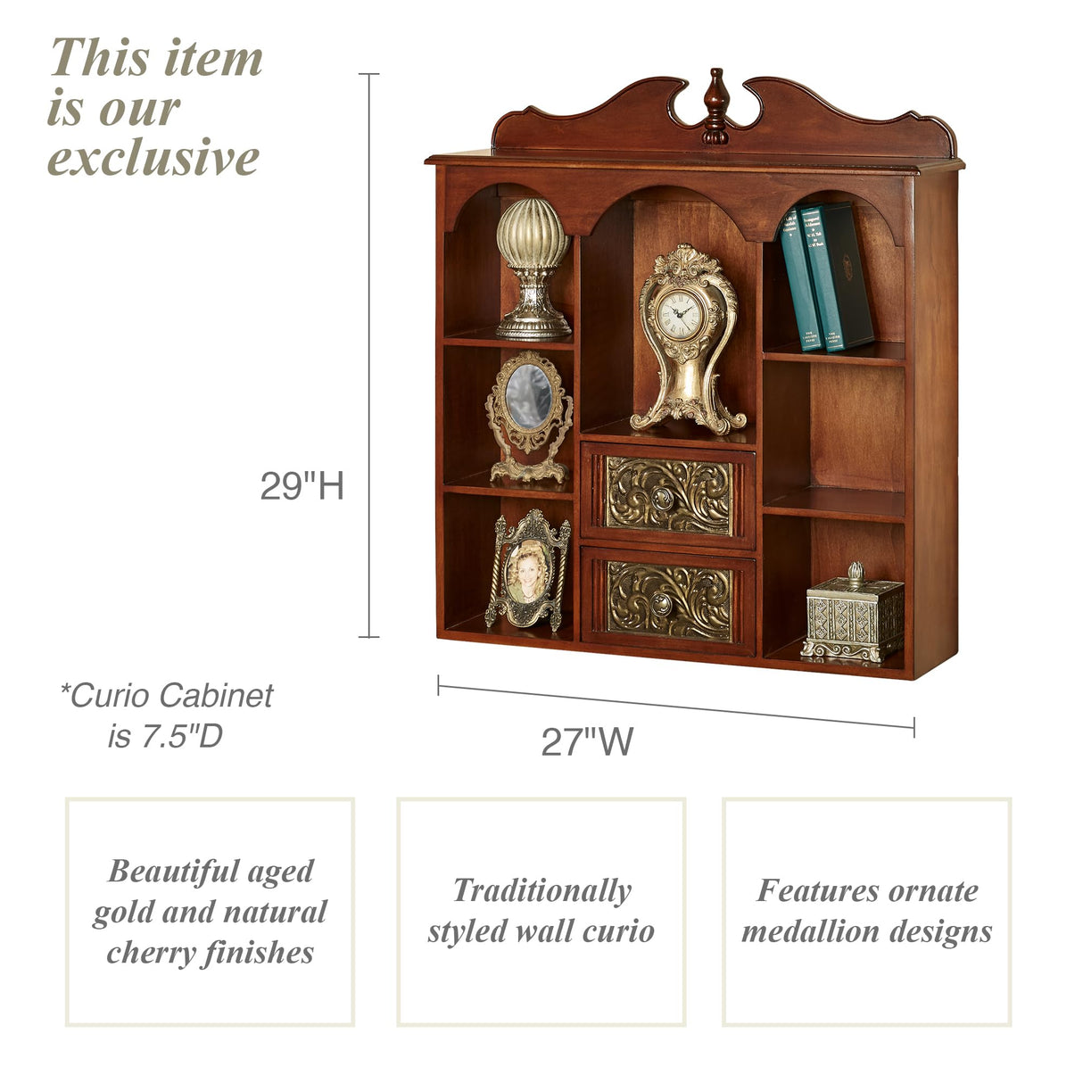 Sarantino Wall Wooden Curio Cabinet Natural Cherry - Traditional Style - Handcrafted Wood - Seven Shelves, Two Drawers - Ornate Medallion Designs - Touch of Class