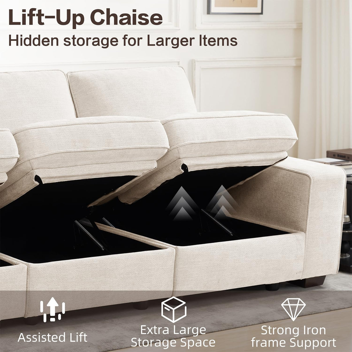 PARKOL 128" Modular Sofa Couch with Large Seats Storage, Chenille Sofa, Modern Comfy 4-Seater Couch for Living Room, Office, Apart, Wide Armrest, Side Pockets, USB Port, Removable Cover PARKOL