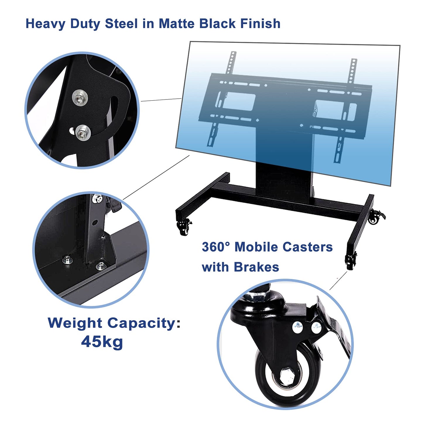 Nuwovwo Rolling TV Stand, Mobile TV Cart, Low Profile Floor Confidence Monitor Cart for 32-75 inch Screen, Height Adjustable, 90°Adjustable Viewing Angle