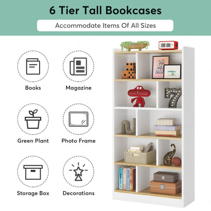 Tribesigns 72 Inch Tall White Bookcase, Modern Cube Bookshelf 6 Tier Bookcases, Large Open Display Shelf Storage Organizer for Living Room, Home Office, Library, Bedroom, White and Brown