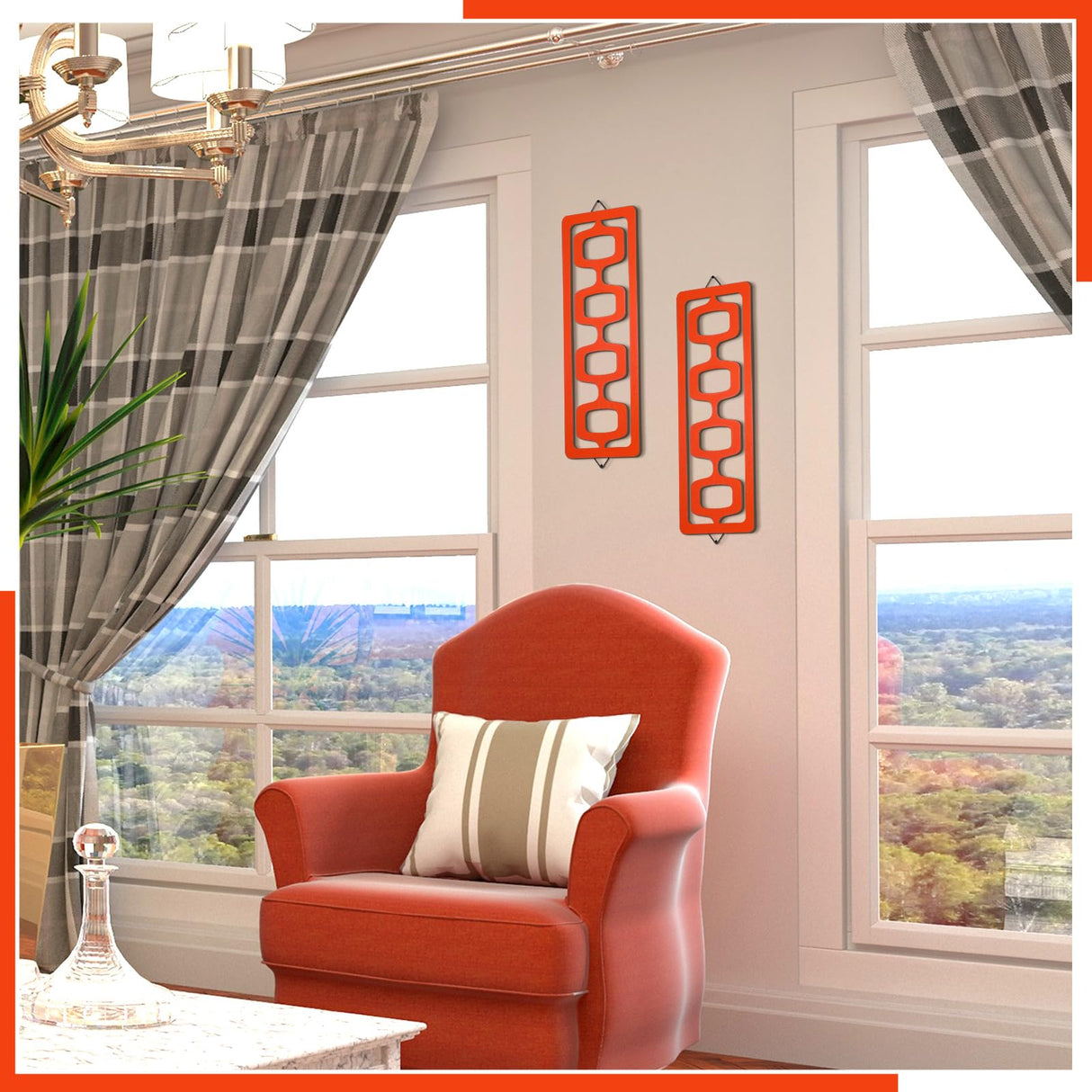 CroBlissful 2 Pcs Mid Century Modern Wall Art Wood Mid Century Elegance Decor Accents Abstract Wall Sculpture Geometric Panels for Interior Panel Art for Home Living Room(Orange) CroBlissful