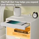 Tiptiper LED Nightstand with Wireless Charging Station, Bedside Table with LED Lights, End Table with 2 Drawers, 1 Pull-Out Tray and Open Storage, Modern Night Stand with USB Ports and Outlets, White Tiptiper