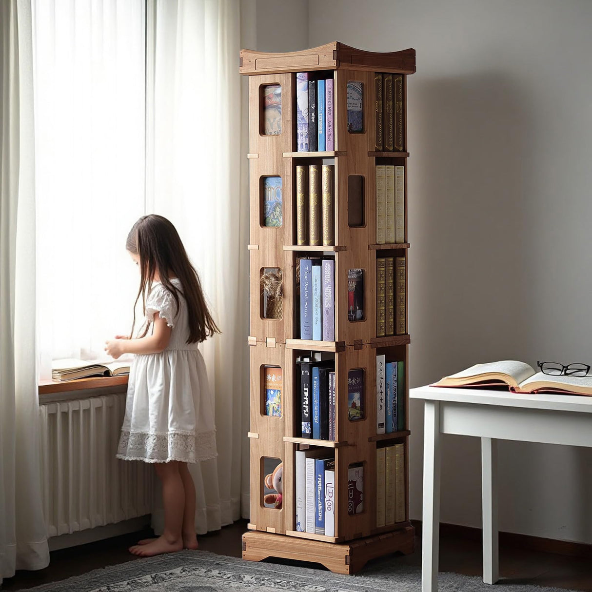 unununu Wooden Rotating Bookshelf, Larger Solid Wood Revolving Bookcase,360°Spinning Book Shelf Tower,Floor Standing Storage Rack,Corner Organizer for Small Space,Study,Office,17"x17"x69.75"(5-Tier) unununu
