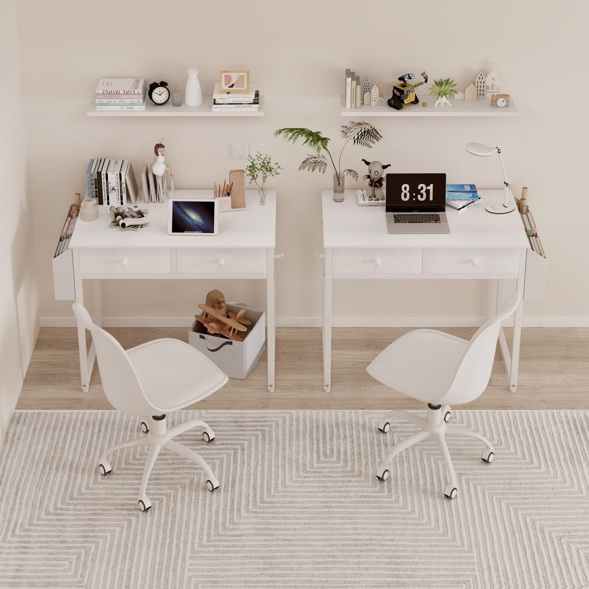 Lufeiya Small White Desk with Drawers - for Bedroom, 32 Inch Home Office Computer Desk with Fabric Storage Drawer and Bag, Study Writing Table for Small Spaces, White Lufeiya