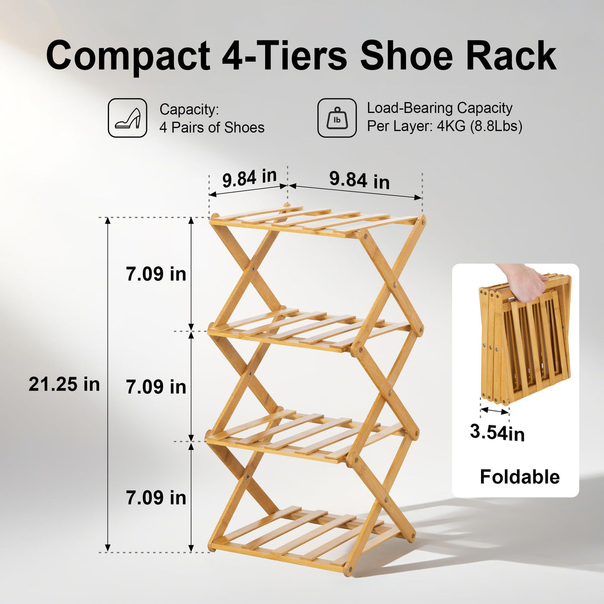 TlaroRiz 4-Tier Bamboo Small Shoe Rack Compact Foldable Free Standing Shoes Organizer for Front Door Entrance Garage Corridor Entryway and Living Room, Narrow Space-Saving Shoe Shelf, Natural TlaroRiz