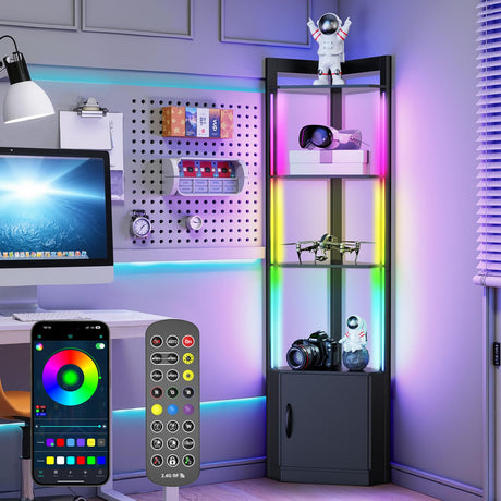 5-Tier Corner Shelf with RGB LED Light, 65" Tall Display Cabinet with Storage, Remote & APP Control, Adjustable Brightness/Color Temp, Floor Lamp with Shelves for Living Room Bedroom (Black) Eclathome