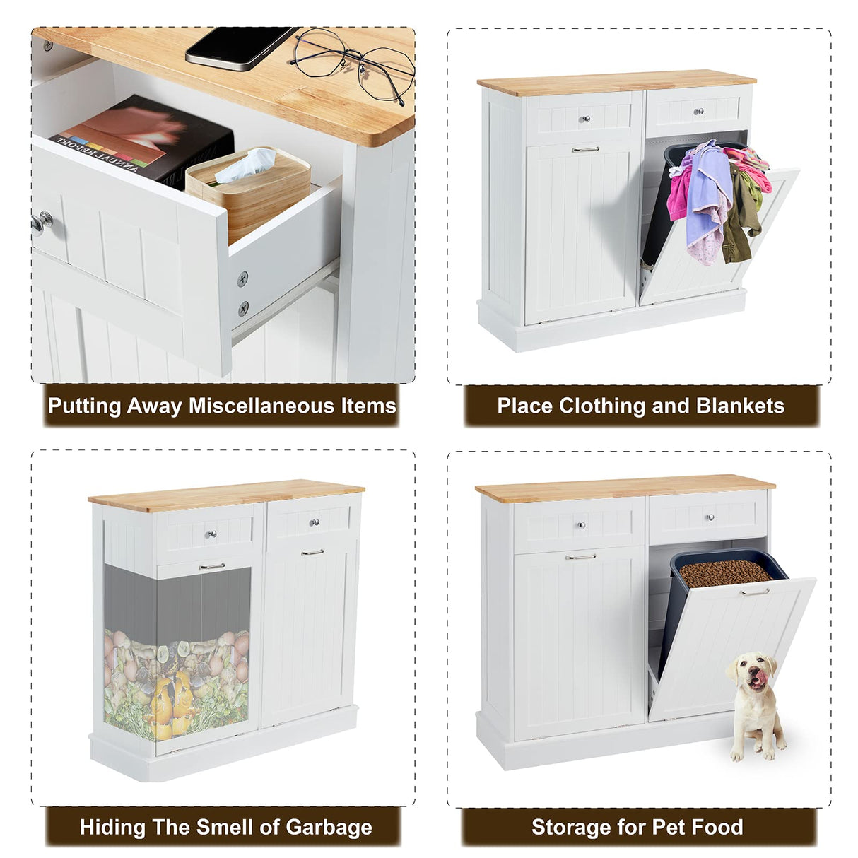 GTQuality Double Tilt Out Trash Cabinet, Dual Kitchen Trash Bin Cabinet with Hideaway Drawer, Wooden Free Standing Recycling Cabinet Garbage Can Holder Pet Proof(White) GTQuality