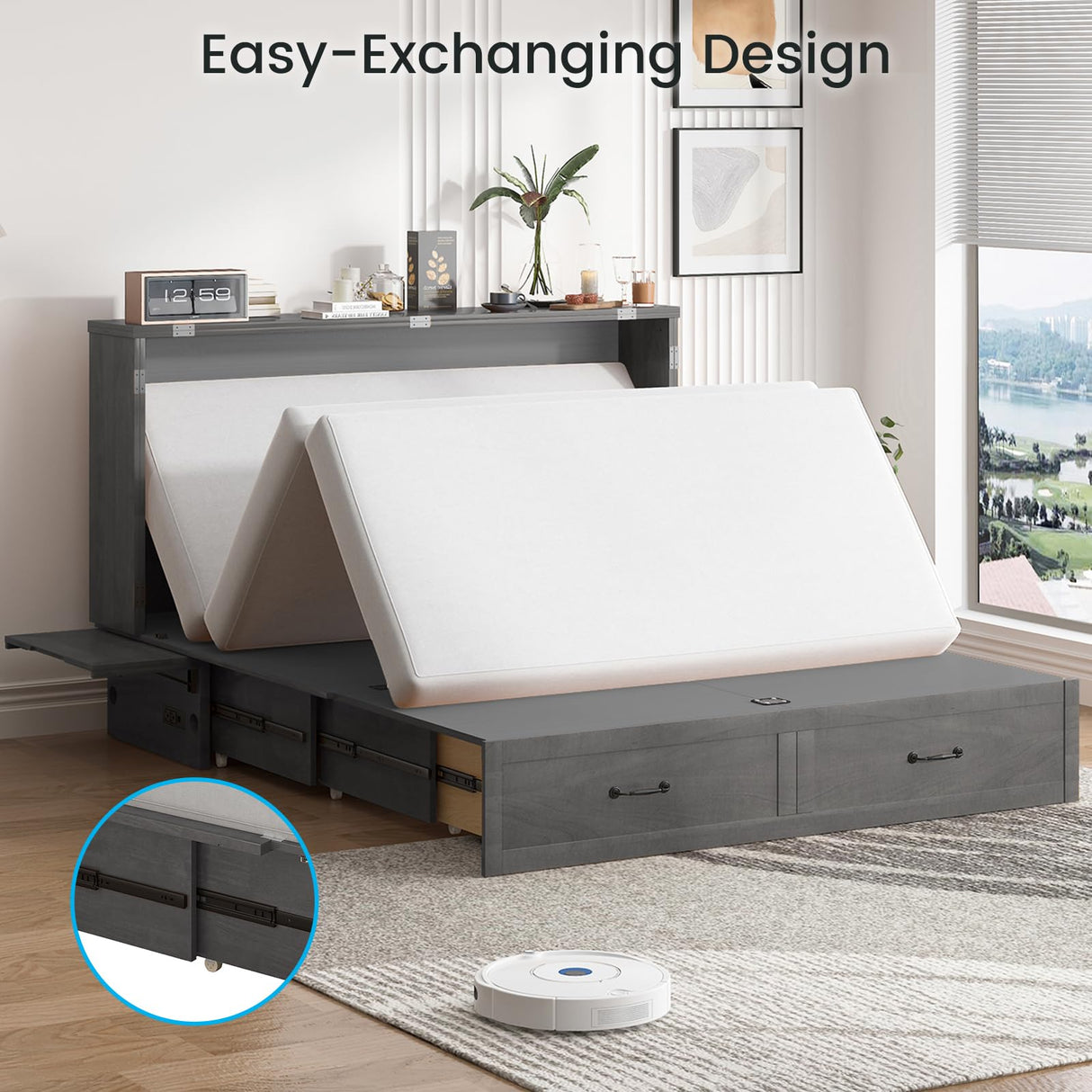 PUREMIND Queen Size Murphy Bed Cabinet,Cabinet Beds with Storage Drawers, Murphy Chest Bed with USB Charging Station, Murphys Space-Saving Wallbed for Bedroom, Guest Room PUREMIND