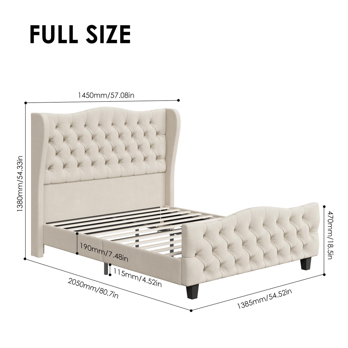 Keyluv Full Size 54.3” Tall Platform Bed Frame with Deep Button Tufted Wingback Headboard and Footboard, Velvet Upholstered Bed Frame with Handmade Pleats, No Box Spring Needed, Beige/Cream Keyluv
