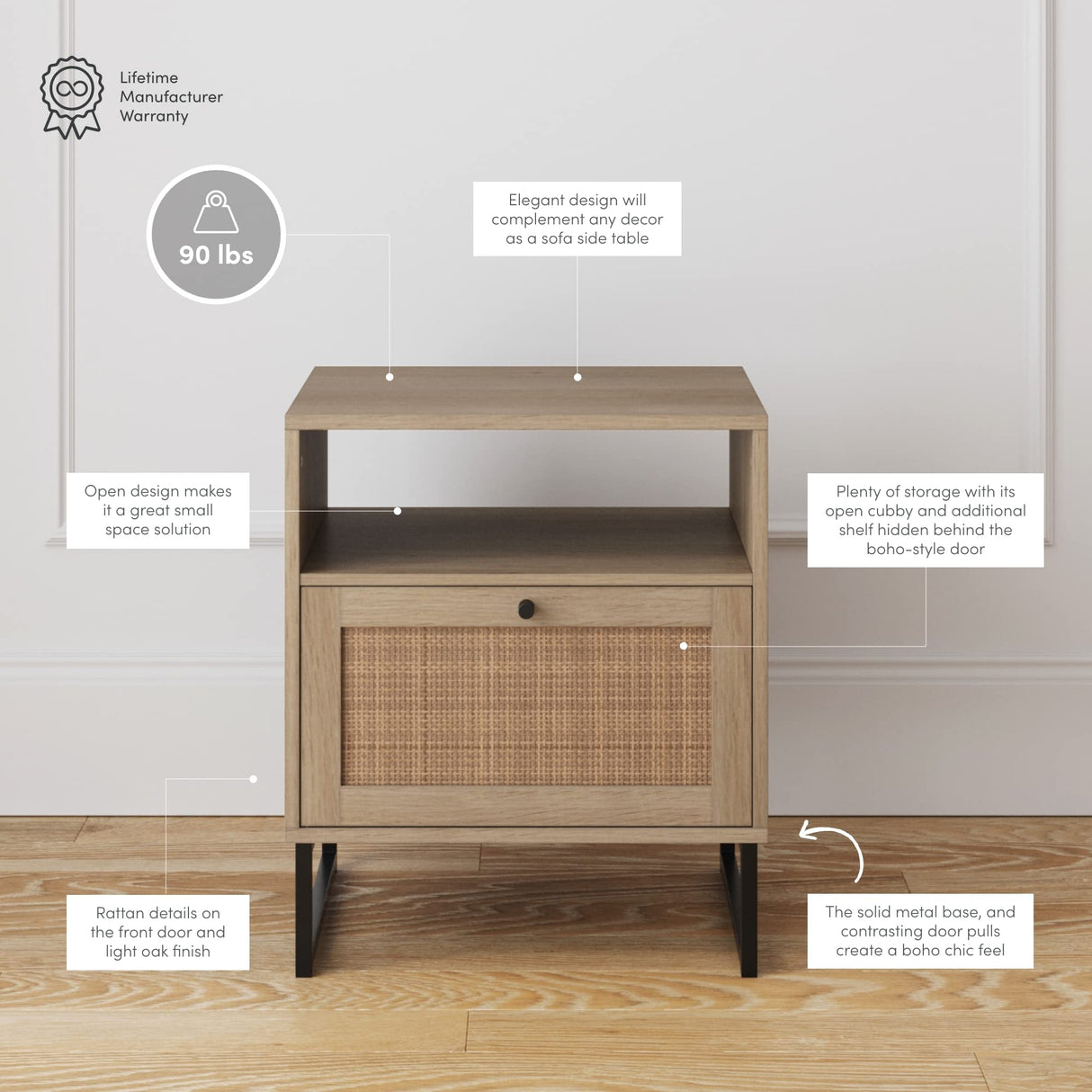 Nathan James Mina Rattan Wood End Side Accent Table Nightstand with Storage for Living Room or Bedroom, 1, Oak/Black Nathan James