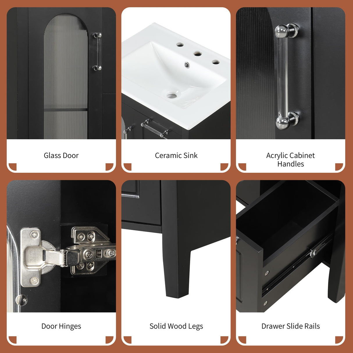 Harper & Bright Designs 24" Bathroom Vanity with Sink, Free Standing Single Basin Vanity Set with Two Drawers and Glass Door, Modern Wooden Bathroom Cabinet with Ceramic Basin for Bathroom, Black Harper & Bright Designs