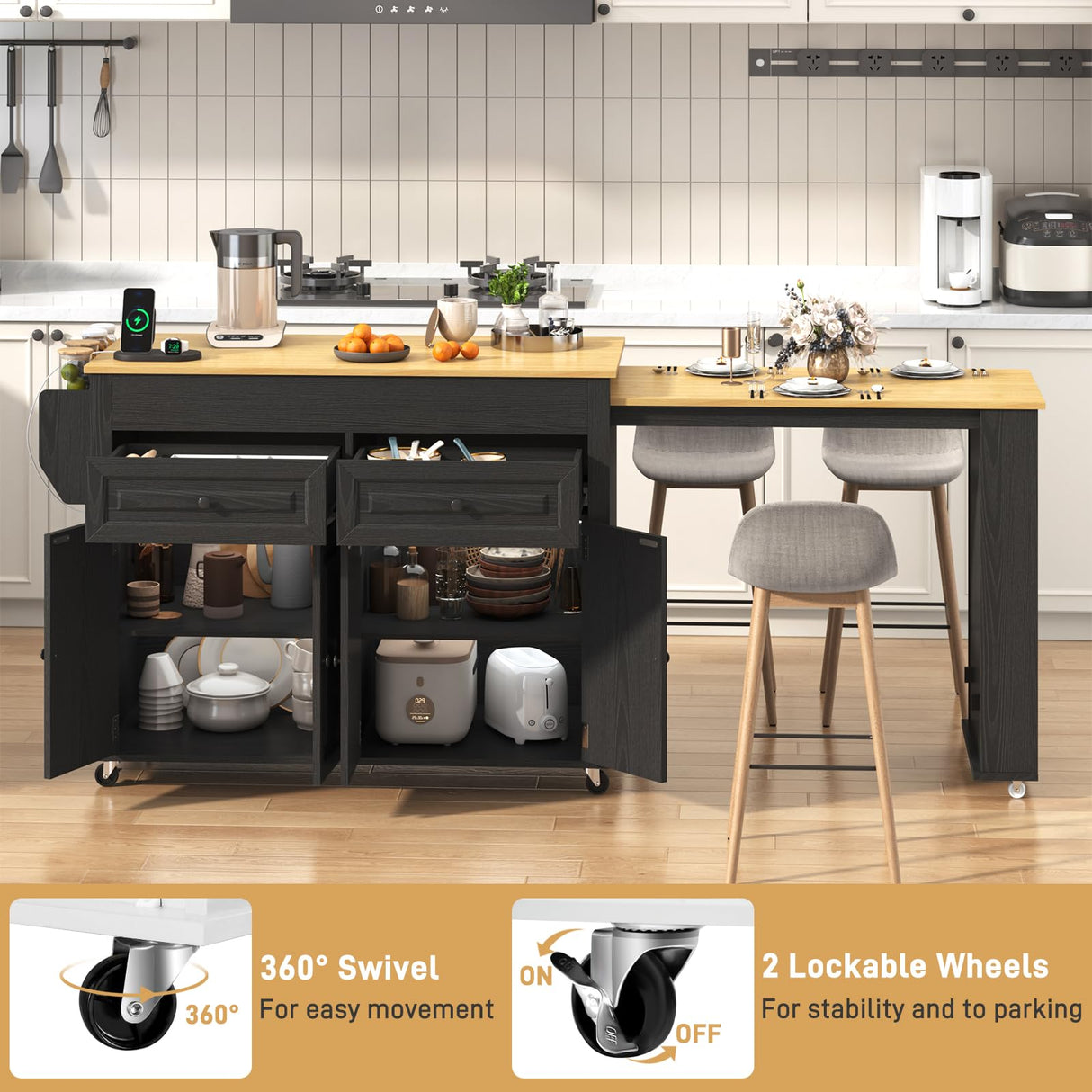 80"-48" Extendable Kitchen Island with Extended Dining Table and Power Outlet,Large Mobile Kitchen Storage Islands with 2 Storage Drawers,Rolling Islands Cart with 3 Extra Rows Open Shelves(Black) chartustriable