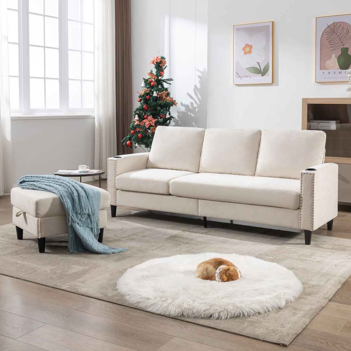 Siiejia Convertible Sectional Couches for Living Room, L-Shaped Couch 3 Seats Sofas with Storage Chaise & 2 Cup Holders, Small Sofa for Apartment, Compact Spaces, Beige Siiejia