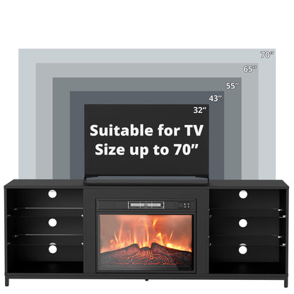 SunsGrove Fireplace TV Stand with Electric Fireplace Insert, 65" Wide Modern Entertainment Center with LED Light & Storage, Wood TV Stand for TVs Up to 70", Living Room/Bedroom, Black - WoodArtSupply