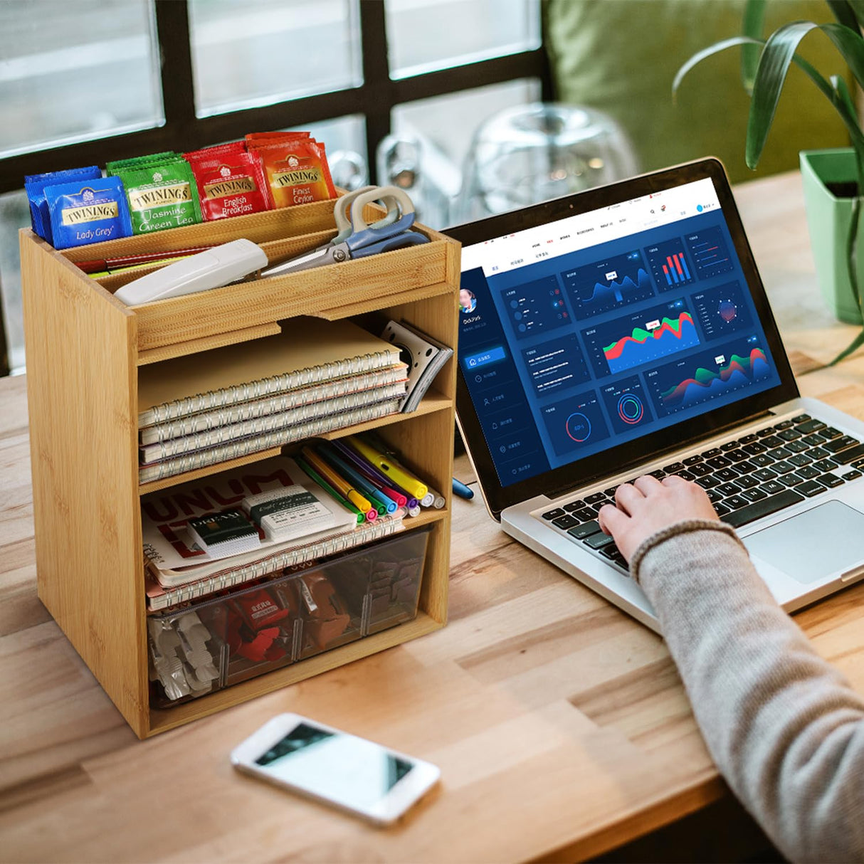 TIMIEEYA Tea Bag Organizer - Bamboo Tea Storage Organizer With Drawer 3 Layer, Tea Organizer for Tea Bags Natural Wood & Acrylic for Countertop Office Kitchen Cabinet Pantry TIMIEEYA
