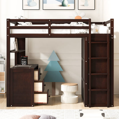 Harper & Bright Designs Twin Loft Bed with Desk and Wardrobe,Solid Wood Loft Bed Frame Twin with Storage Drawers for Kids Teens Adults,No Box Spring Needed,Espresso