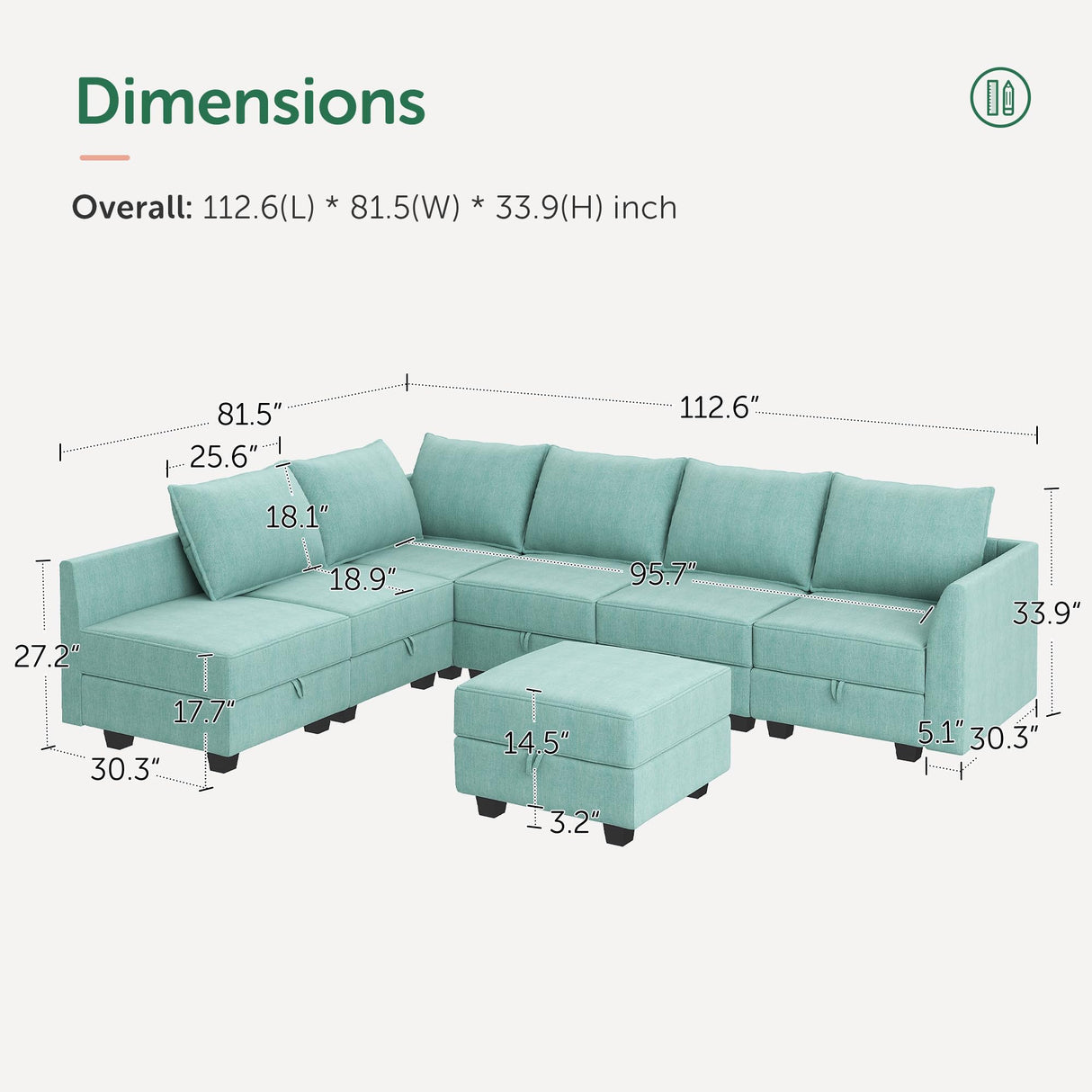 HONBAY Modular Sectional Sofa with Storage Ottoman Fabric Modular Couch with Reversible Chaise 6-Seater L Shape Corner Sofa Sectional Couch, Aqua Blue HONBAY